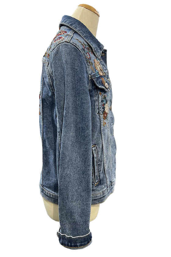 Driftwood Varsity Vines Embroidered Denim Jacket in Medium Wash