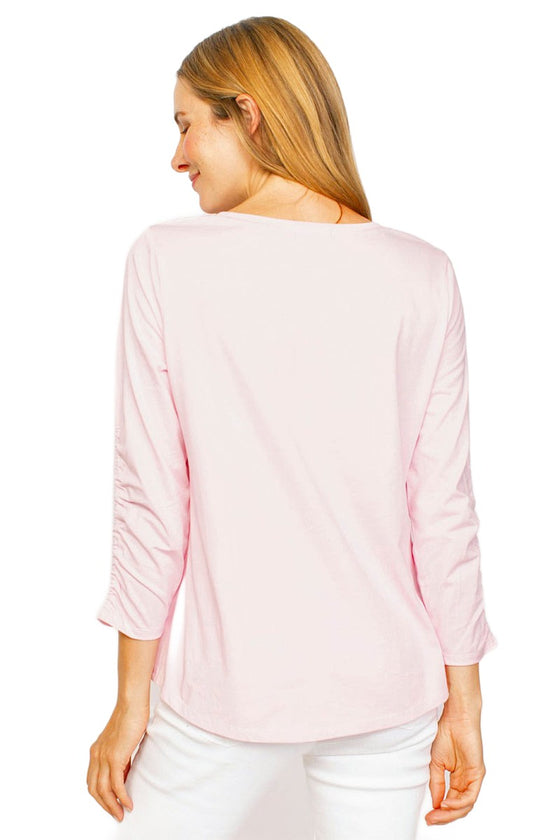 Habitat Clothes Combed Cotton Ruched Arm V-Neck in Peony Style 74037