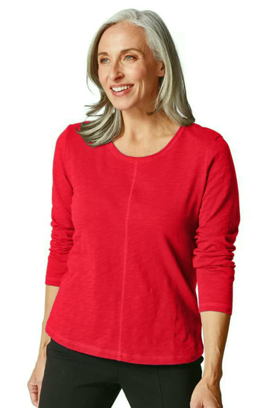 Habitat Clothes To Live In Cotton Pebble Long Sleeve Coverstitch Tee in Ruby