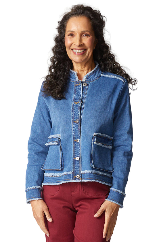 Habitat Clothes To Live In Stretch Canvas Fringe Jacket in Medium Denim