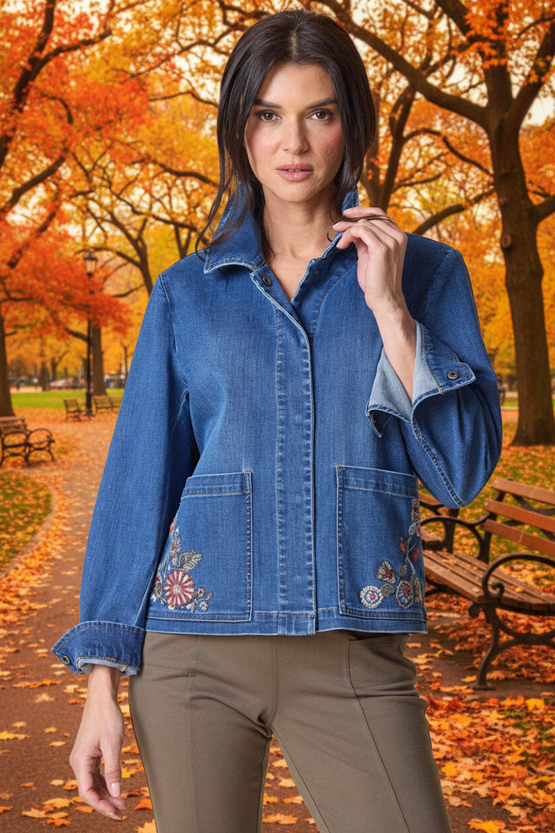 Habitat Clothes To Live In Stretch Denim Embroidered Jacket in Medium Wash