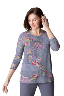  Habitat Super Soft Fleece Ruched Sleeve V-Neck Tunic in Iron Vintage Floral