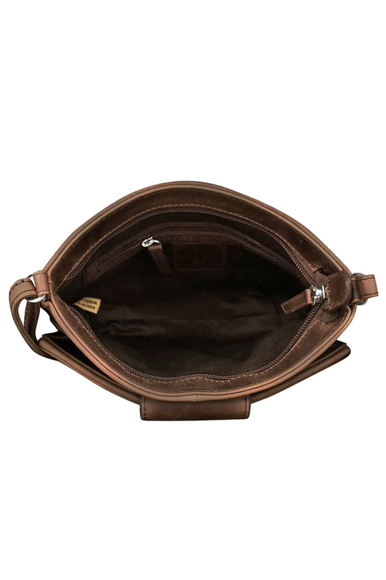 ILI New York Pointed Tab Crossbody Organizer in Rustic Brown Distressed Leather