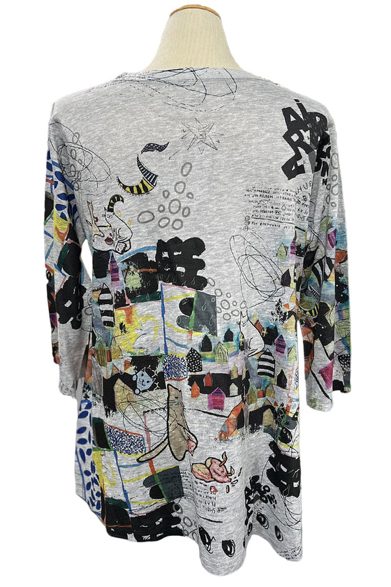 Inoah "Cats Nap" 3/4 Sleeve V Plaket Straight Top T1574F-AD01