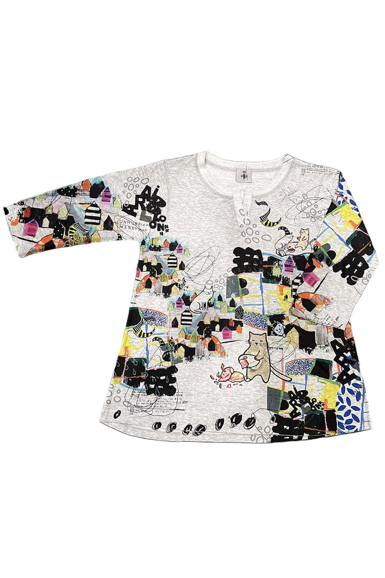 Inoah "Cats Nap" 3/4 Sleeve V Plaket Straight Top T1574F-AD01