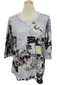  Inoah "Cats Nap" 3/4 Sleeve V Plaket Straight Top T1574F-AD01