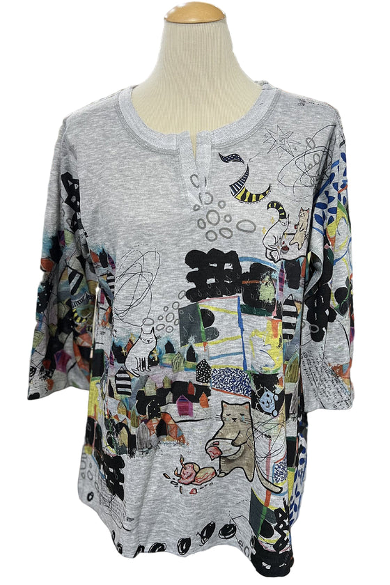 Inoah "Cats Nap" 3/4 Sleeve V Plaket Straight Top T1574F-AD01