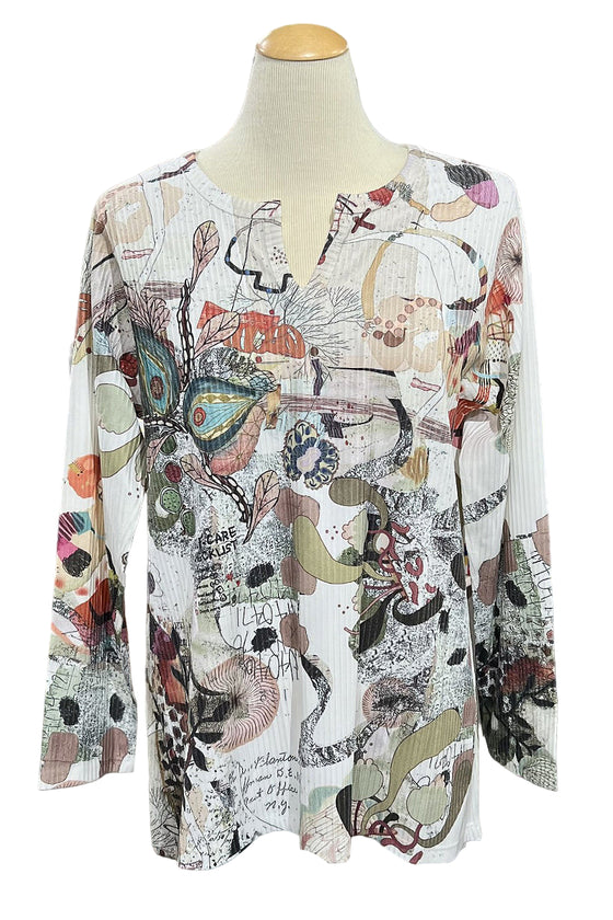 Inoah Check List Long Sleeve V-Neck Split A-Line Top T1561RE-AD132