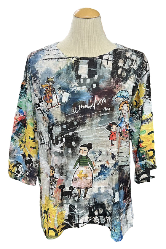 Inoah Dog Walks 3/4 Sleeve Asymmetrical Crew Neck Top T1233SM-AD73