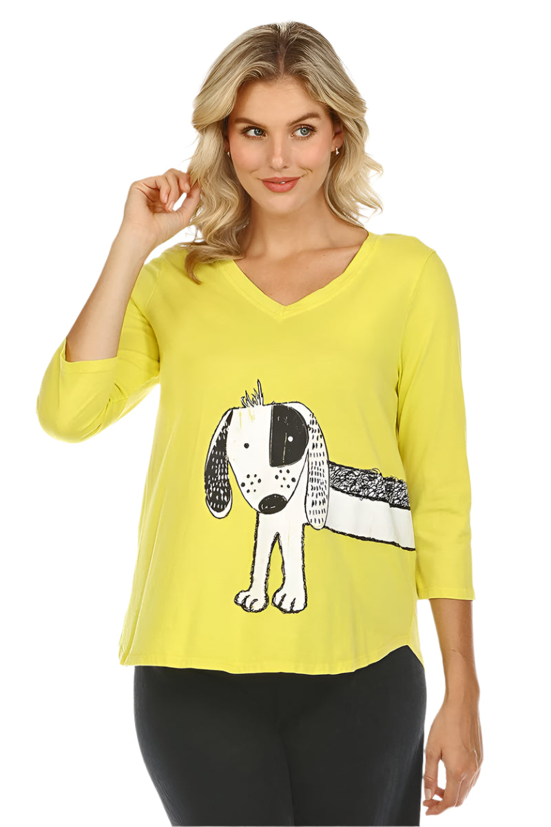  Inoah Freckles Cotton 3/4 Sleeve V-Neck A-Line Top in Lime