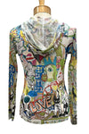 Inoah Memory Lane Long Sleeve Hooded and Lined Pullover in White Mesh