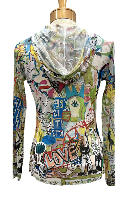 Inoah Memory Lane Long Sleeve Hooded and Lined Pullover in White Mesh