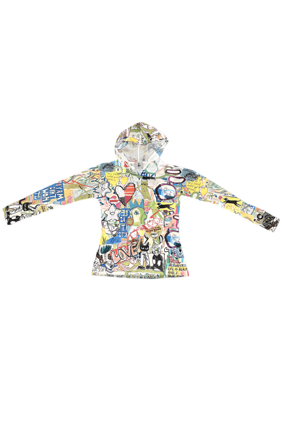 Inoah Memory Lane Long Sleeve Hooded and Lined Pullover in White Mesh