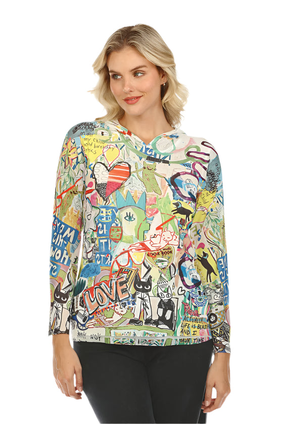 Inoah Memory Lane Long Sleeve Hooded and Lined Pullover in White Mesh