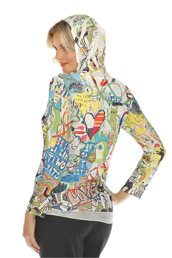 Inoah Memory Lane Long Sleeve Hooded and Lined Pullover in White Mesh
