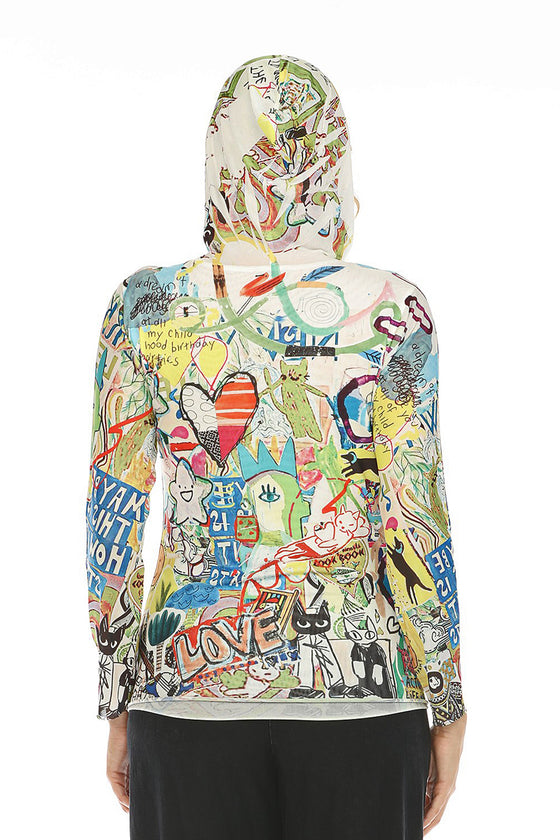 Inoah Memory Lane Long Sleeve Hooded and Lined Pullover in White Mesh