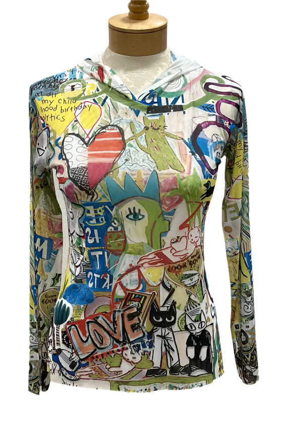 Inoah Memory Lane Long Sleeve Hooded and Lined Pullover in White Mesh