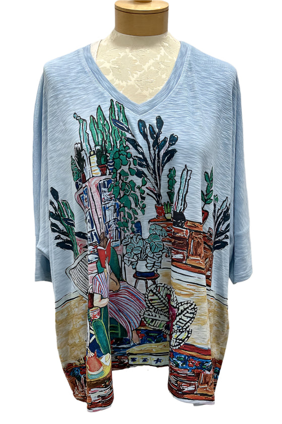 Inoah One Size Book Lover Short Sleeve V-Neck Top in Sky Blue