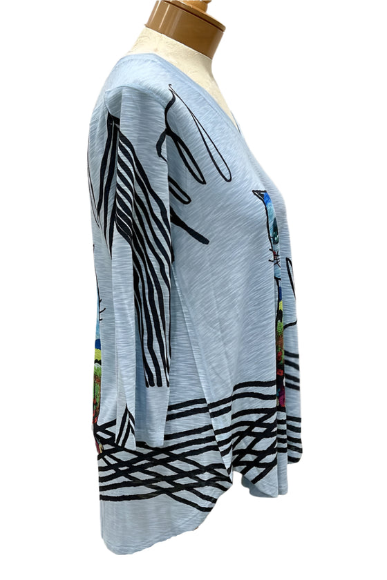 Inoah Quincy 3/4 Sleeve V-Neck A-Line Top in Sky Blue