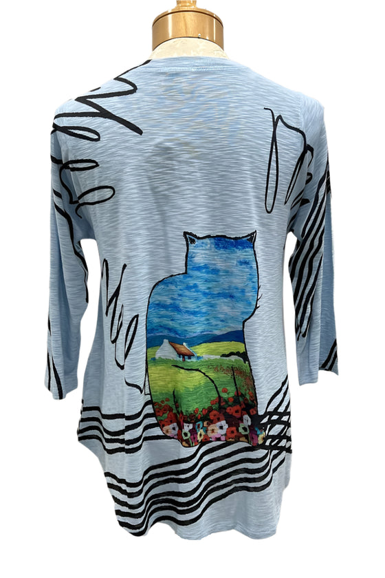 Inoah Quincy 3/4 Sleeve V-Neck A-Line Top in Sky Blue
