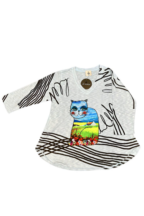 Inoah Quincy 3/4 Sleeve V-Neck A-Line Top in Sky Blue