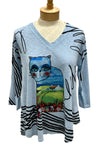 Inoah Quincy 3/4 Sleeve V-Neck A-Line Top in Sky Blue