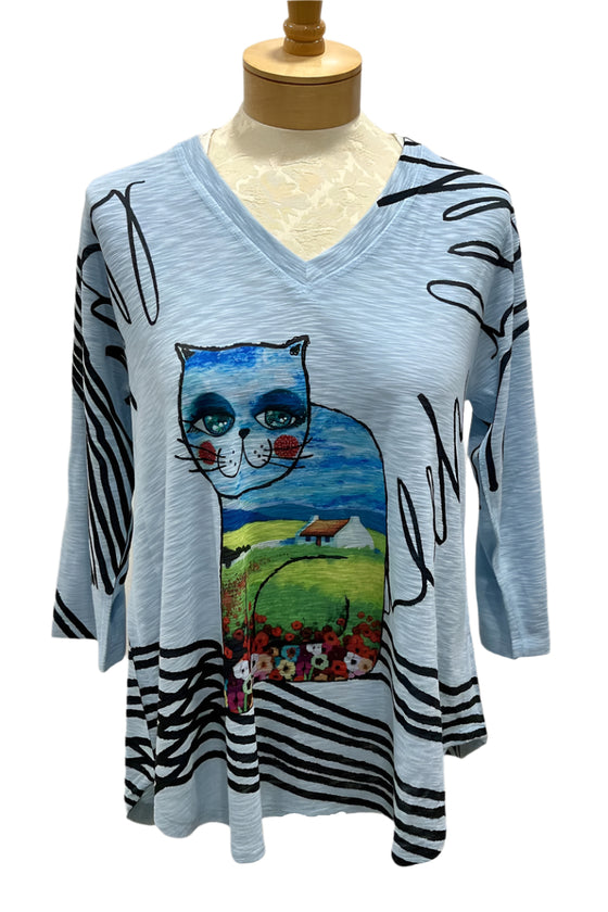 Inoah Quincy 3/4 Sleeve V-Neck A-Line Top in Sky Blue