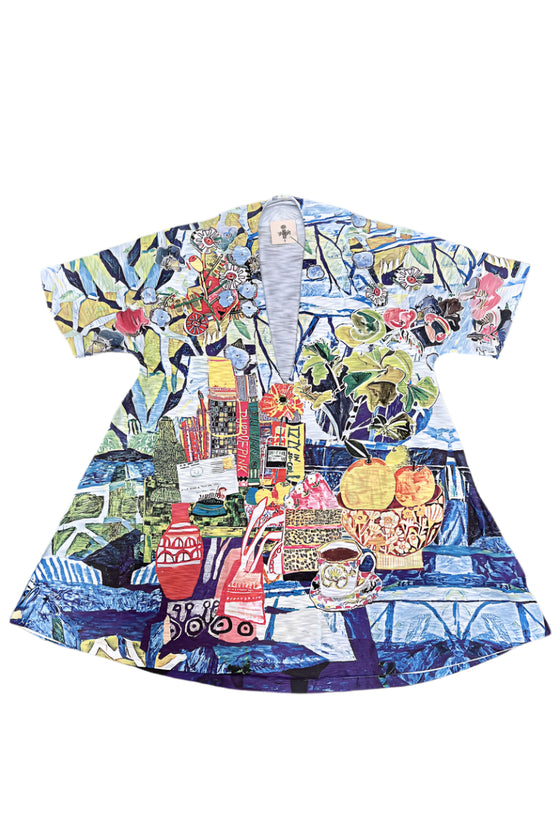 Inoah Spring Pastime Short Sleeve A-Line Top in Sky Blue