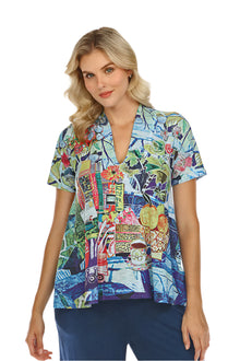  Inoah Spring Pastime Short Sleeve A-Line Top in Sky Blue
