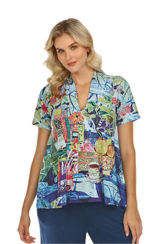 Inoah Spring Pastime Short Sleeve A-Line Top in Sky Blue