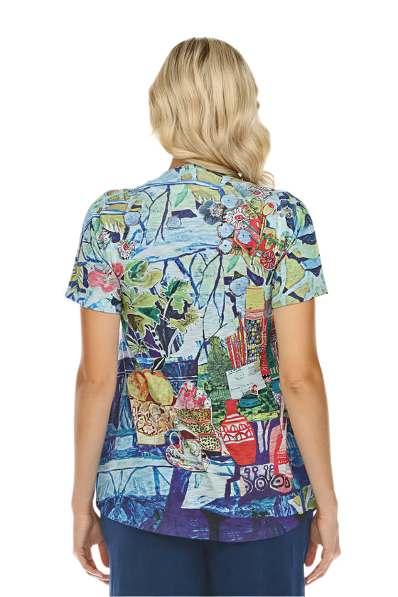 Inoah Spring Pastime Short Sleeve A-Line Top in Sky Blue
