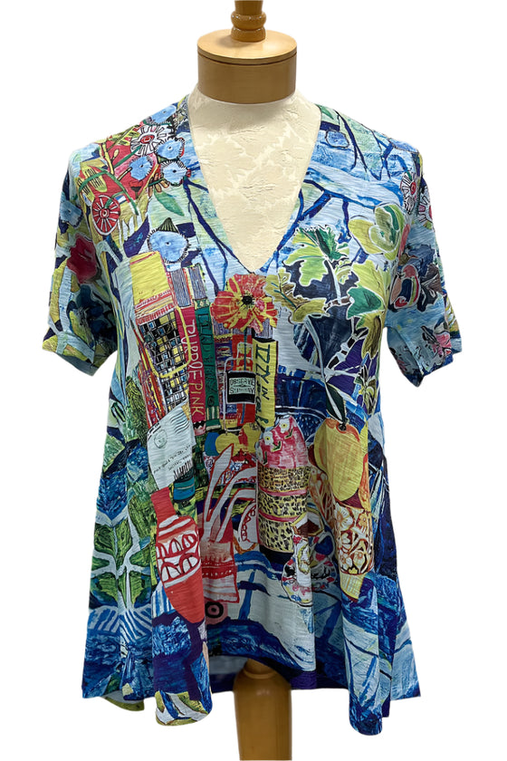 Inoah Spring Pastime Short Sleeve A-Line Top in Sky Blue