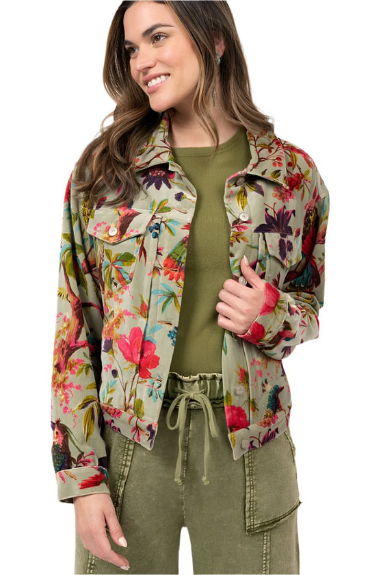 Ivy Jane Bird Print Velveteen Jacket in Sage Style 130197