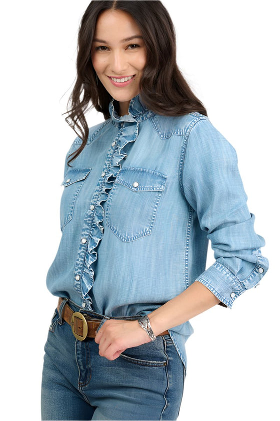 Ivy Jane Denim Ruffled Snap Shirt in Indigo Style 630338