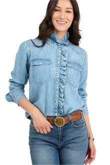  Ivy Jane Denim Ruffled Snap Shirt in Indigo Style 630338