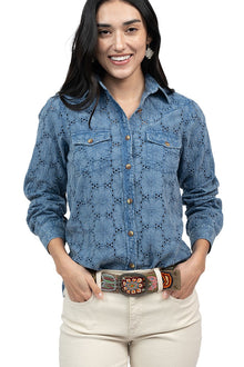  Ivy Jane Eyelet Washed Snap Shirt in Blue Style 621500