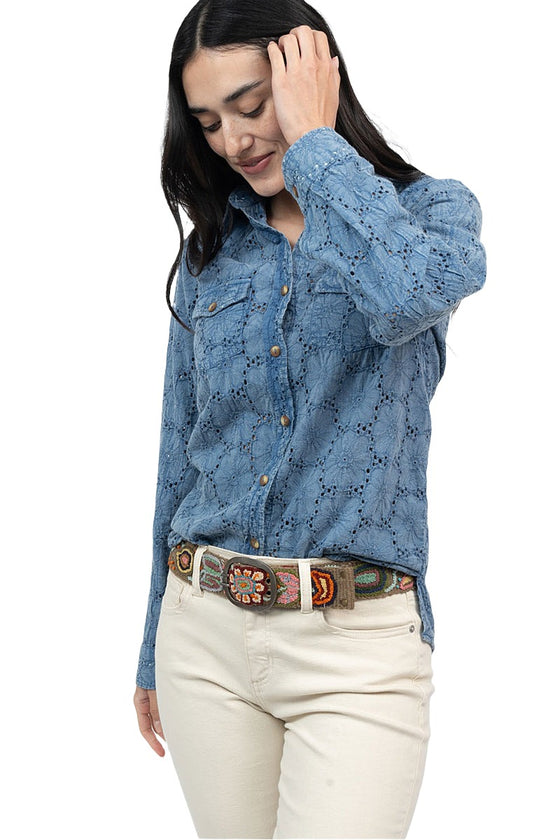 Ivy Jane Eyelet Washed Snap Shirt in Blue Style 621500