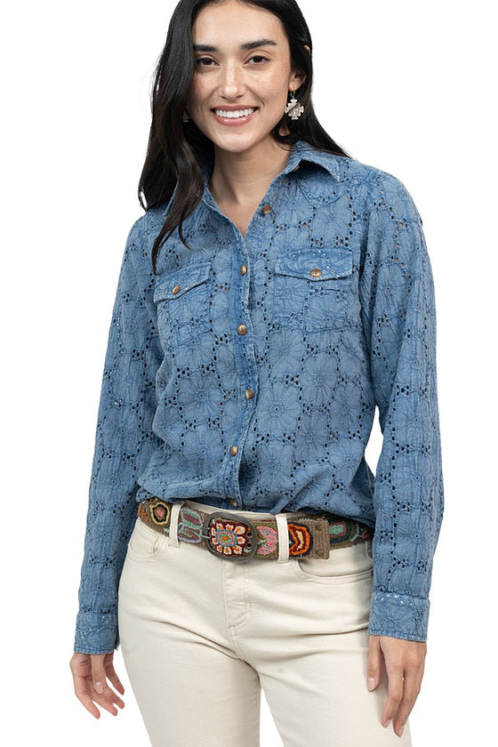 Ivy Jane Eyelet Washed Snap Shirt in Blue Style 621500