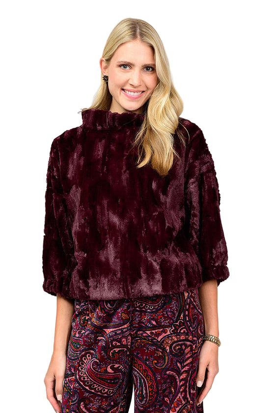 Ivy Jane Poof Sleeve Faux Fur Popover in Wine Style 930054