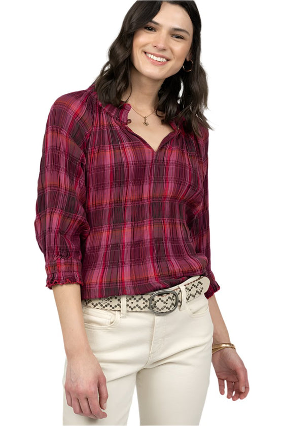 Ivy Jane Puckered Plaid Top in Plum Style 641415