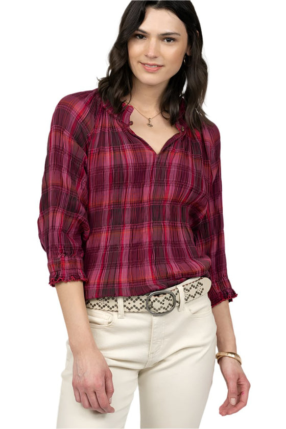 Ivy Jane Puckered Plaid Top in Plum Style 641415