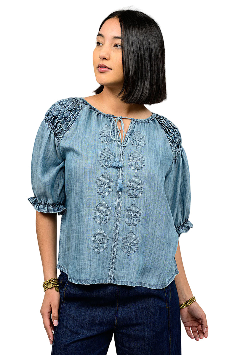  Ivy Jane Smocked Sleeve Top in Indigo Style 621592