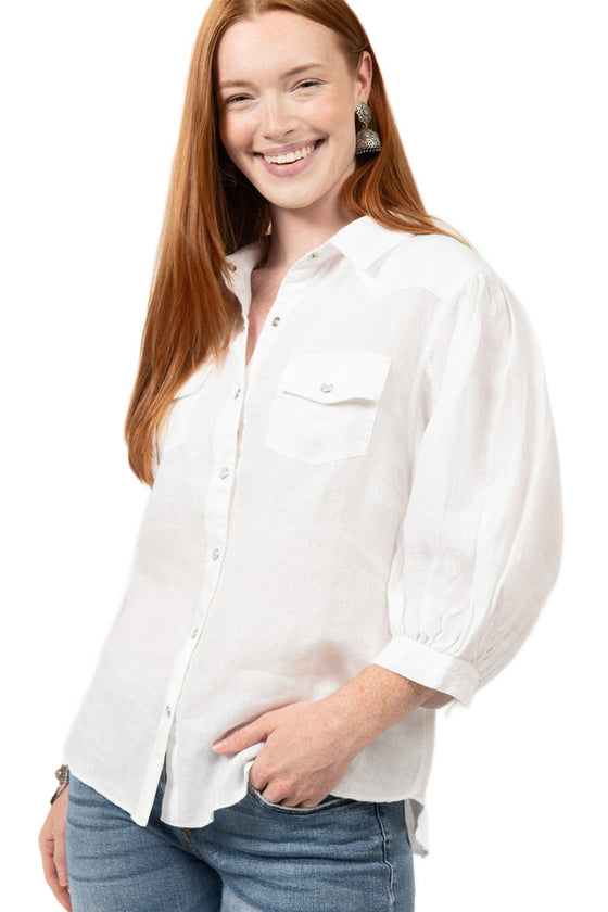 Ivy Jane Snap Front Linen Shirt in White