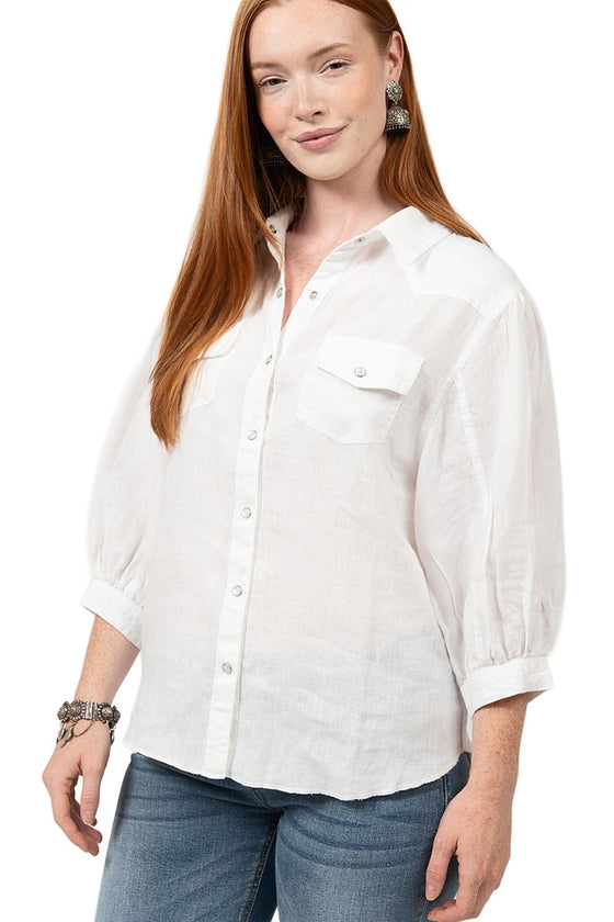 Ivy Jane Snap Front Linen Shirt in White