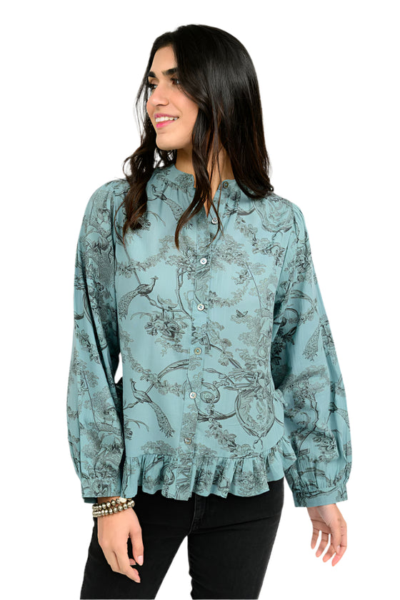 Ivy Jane Toile Ruffled Hem Shirt in Blue Style 621560