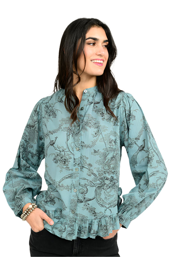 Ivy Jane Toile Ruffled Hem Shirt in Blue Style 621560
