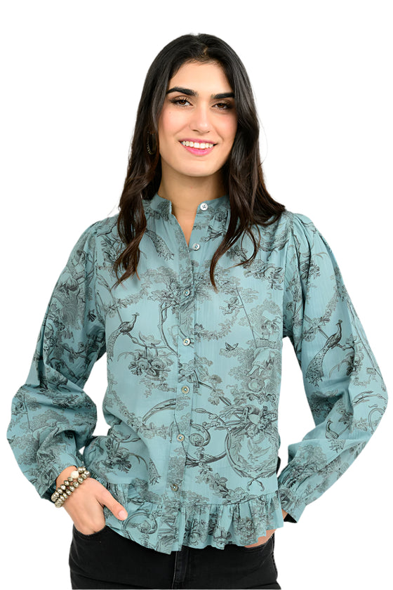 Ivy Jane Toile Ruffled Hem Shirt in Blue Style 621560