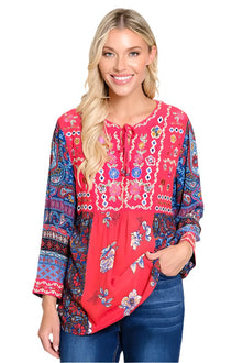  John Mark Embroidered Tie Front Tunic in Spice Print Style J34428TM