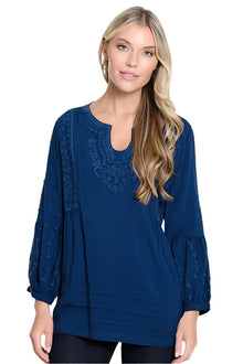  John Mark Embroidered V-Neck Tunic in Dark Indigo Style J34439TM