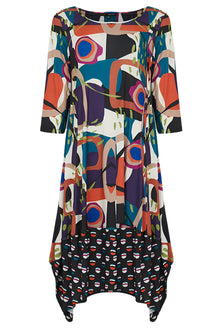  Colorful abstract patterned dress on a white background